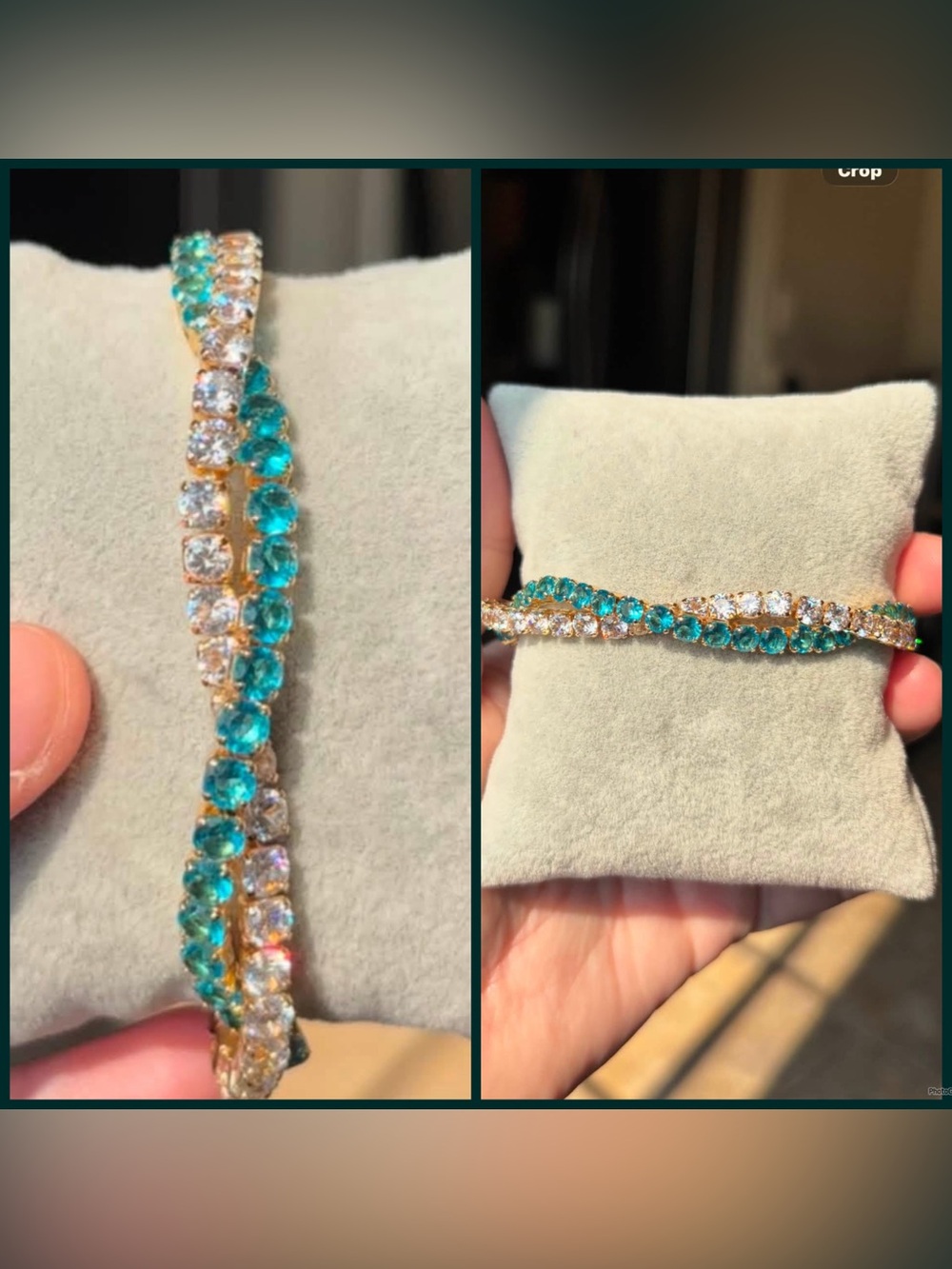 Gold Tennis Bracelet with Blue-Green and Clear Stones